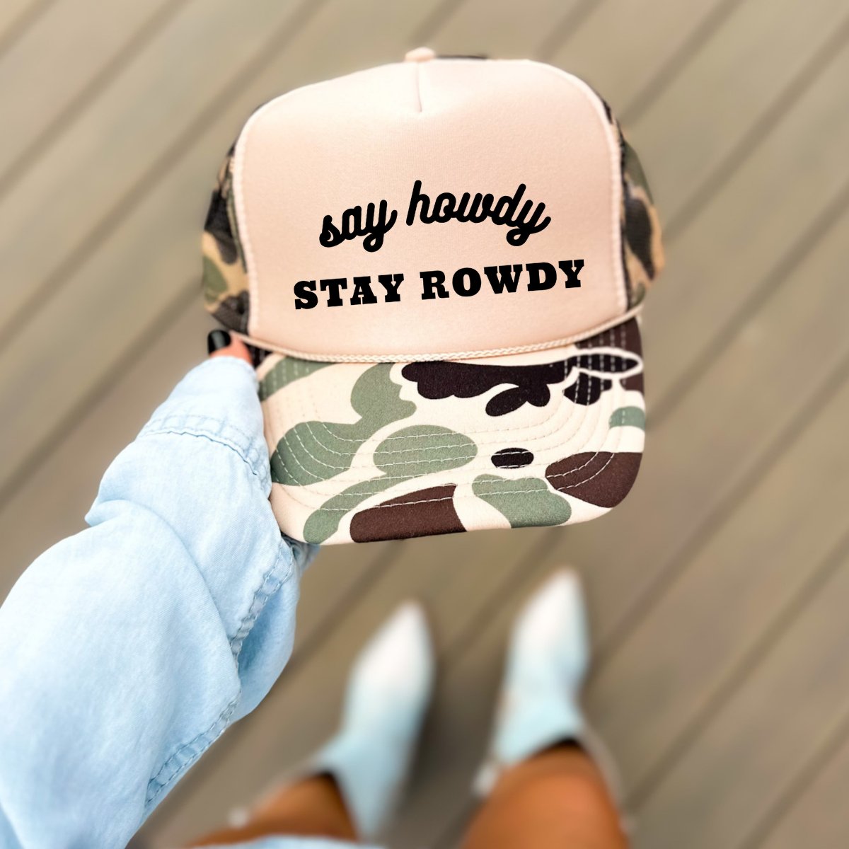 Say Howdy Stay Rowdy Funny Classic Foam Trucker Hat Tan/Camo Trucker Hat