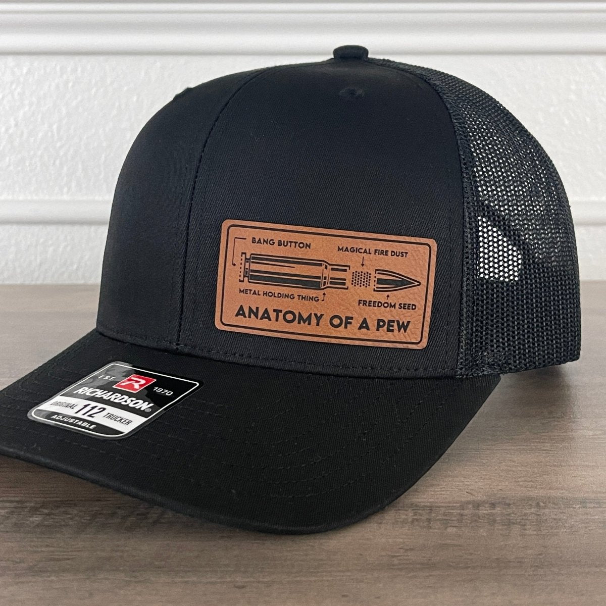 The Anatomy Of A PEW Side Leather Patch Hat Black Patch Hat - VividEditions