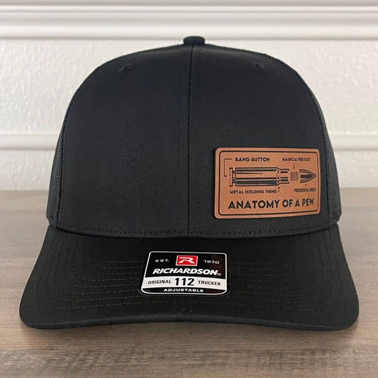 The Anatomy Of A PEW Side Leather Patch Hat Black Patch Hat - VividEditions