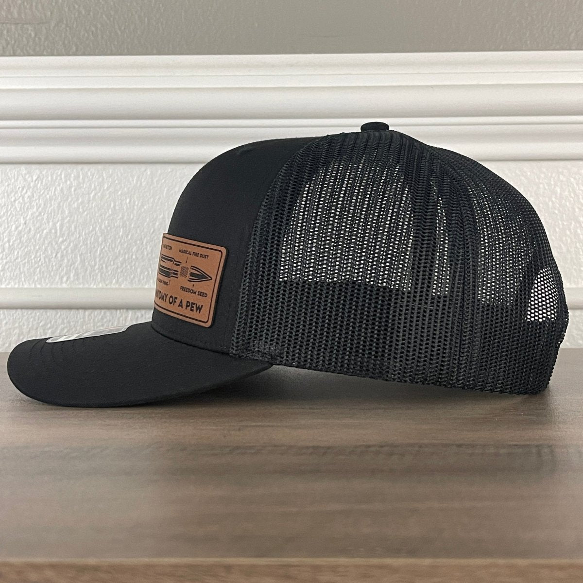 The Anatomy Of A PEW Side Leather Patch Hat Black Patch Hat - VividEditions