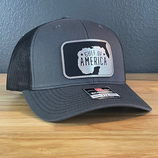 The Gulf of America Patriotic Leather Patch SnapBack Trucker Hat Blk/Silv Patch Hat