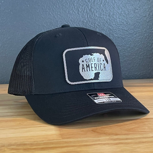 The Gulf of America Patriotic Leather Patch SnapBack Trucker Hat Blk/Silv Patch Hat