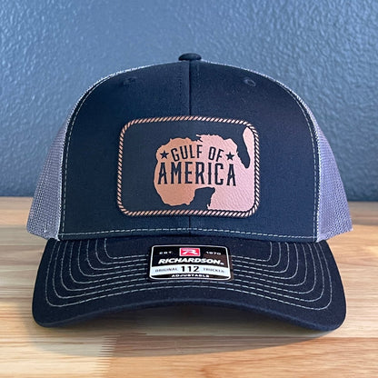 The Gulf of America Patriotic Leather Patch SnapBack Trucker Hat Rawhide Patch Hat