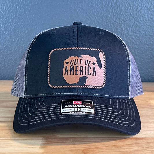 The Gulf of America Patriotic Leather Patch SnapBack Trucker Hat Rawhide Patch Hat