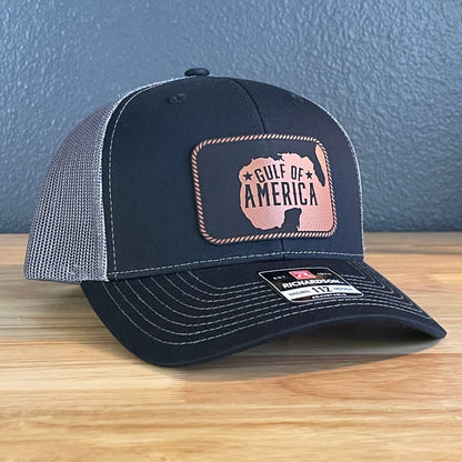 The Gulf of America Patriotic Leather Patch SnapBack Trucker Hat Rawhide Patch Hat
