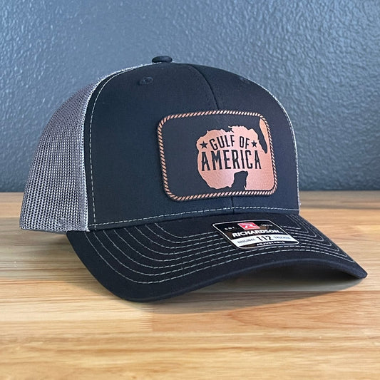 The Gulf of America Patriotic Leather Patch SnapBack Trucker Hat Rawhide Patch Hat