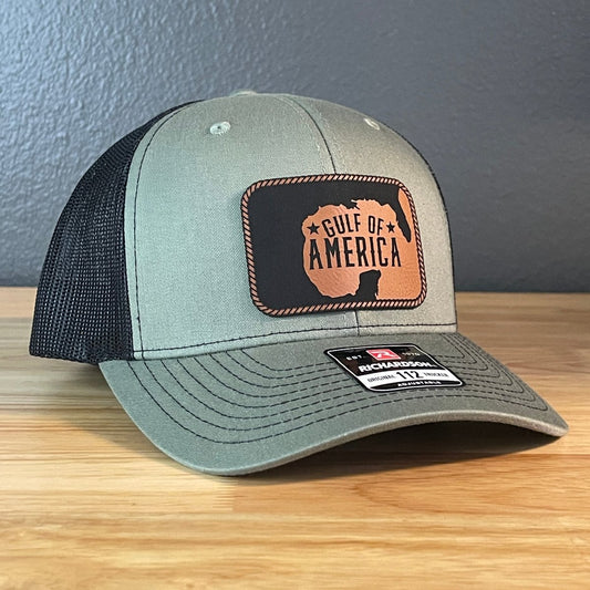 The Gulf of America Patriotic Leather Patch SnapBack Trucker Hat Rawhide Patch Hat