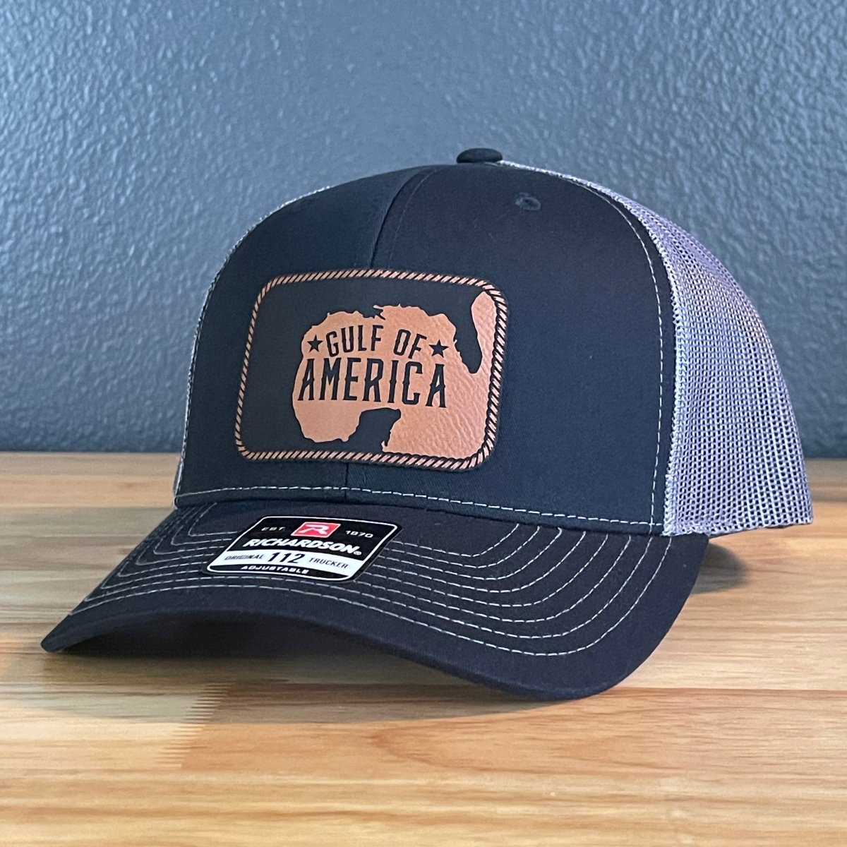 The Gulf of America Patriotic Leather Patch SnapBack Trucker Hat Rawhide Patch Hat