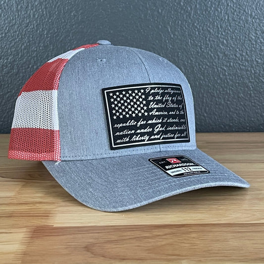 The Pledge of Allegiance American Flag Blk/Silv Leather Patch SnapBack Trucker Hat Stars & Stripes Patch Hat