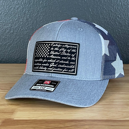 The Pledge of Allegiance American Flag Blk/Silv Leather Patch SnapBack Trucker Hat Stars & Stripes Patch Hat
