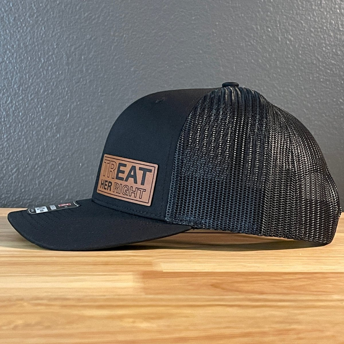 trEAT HER right Funny Side Leather Patch Hat Black Patch Hat