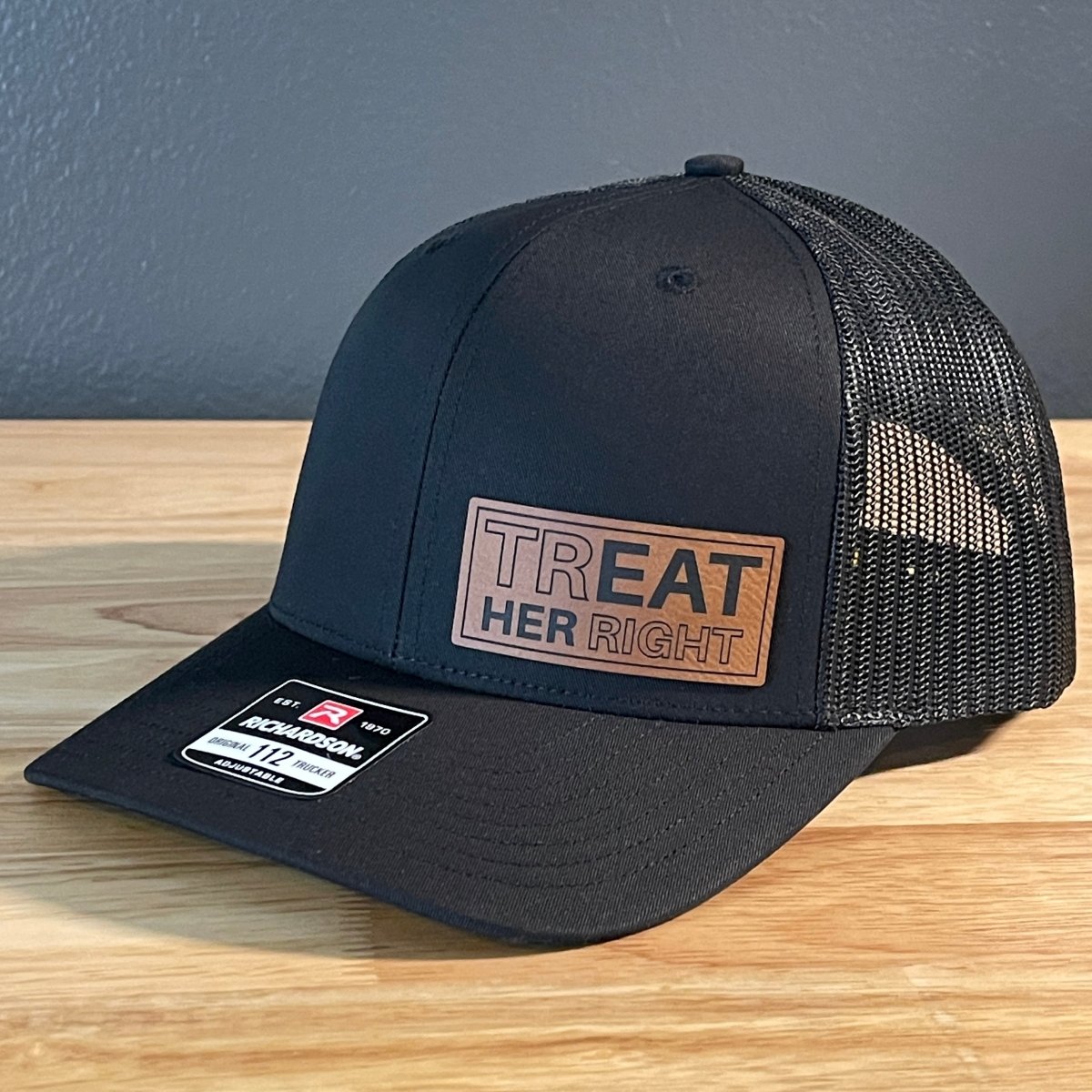 trEAT HER right Funny Side Leather Patch Hat Black Patch Hat