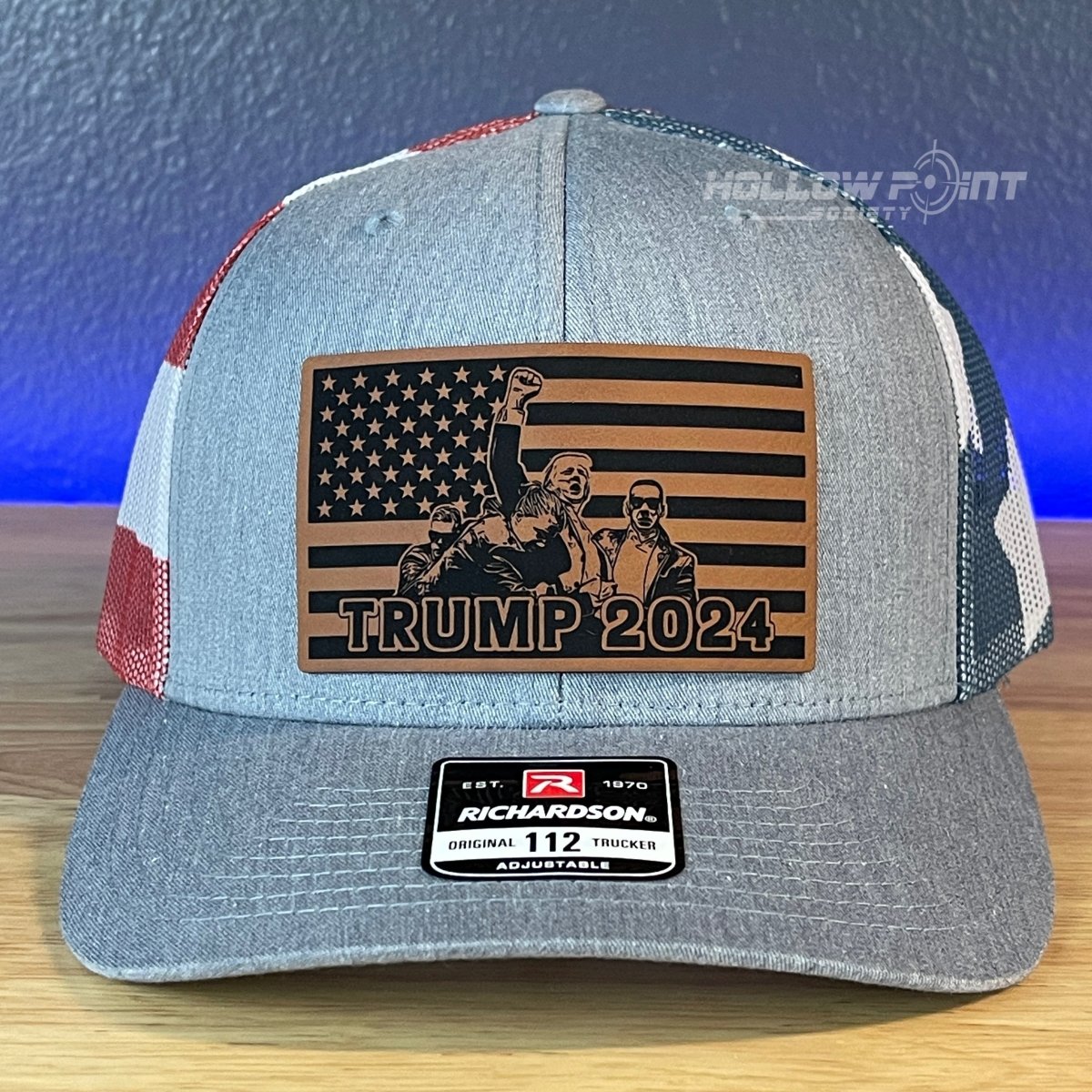 Trump 2024 Flag Leather Patch SnapBack Trucker Hat Stars & Stripes Patch Hat