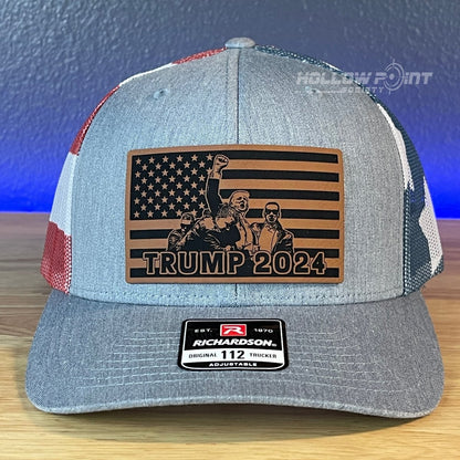 Trump 2024 Flag Leather Patch SnapBack Trucker Hat Stars & Stripes Patch Hat