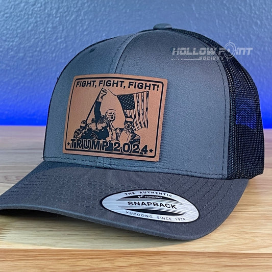 Trump 2024 SnapBack Trucker Rawhide Leather Fight Square Patch Charcoal Hat Patch Hat