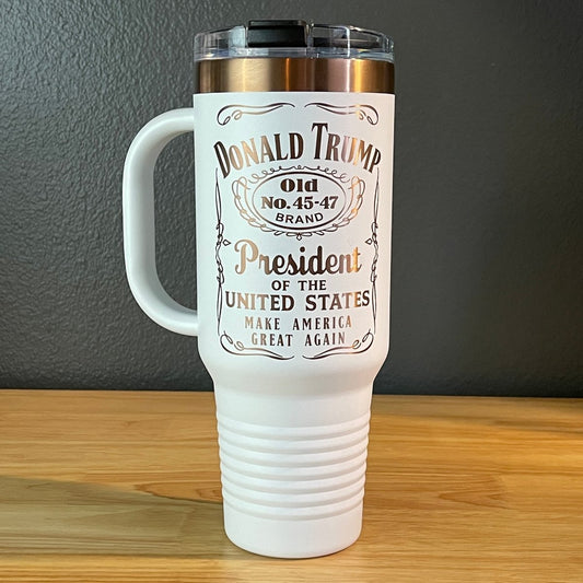 Trump 45 - 47 Tumbler Collector's Travel Mug with Handle 40oz White/Rose Gold Laser Engraved Tumblers