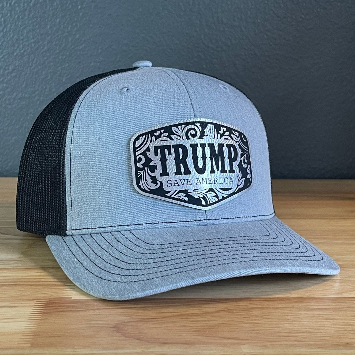 Trump Save America Patriotic SnapBack Trucker Hat Leather Patch Blk/Silver Patch Hat