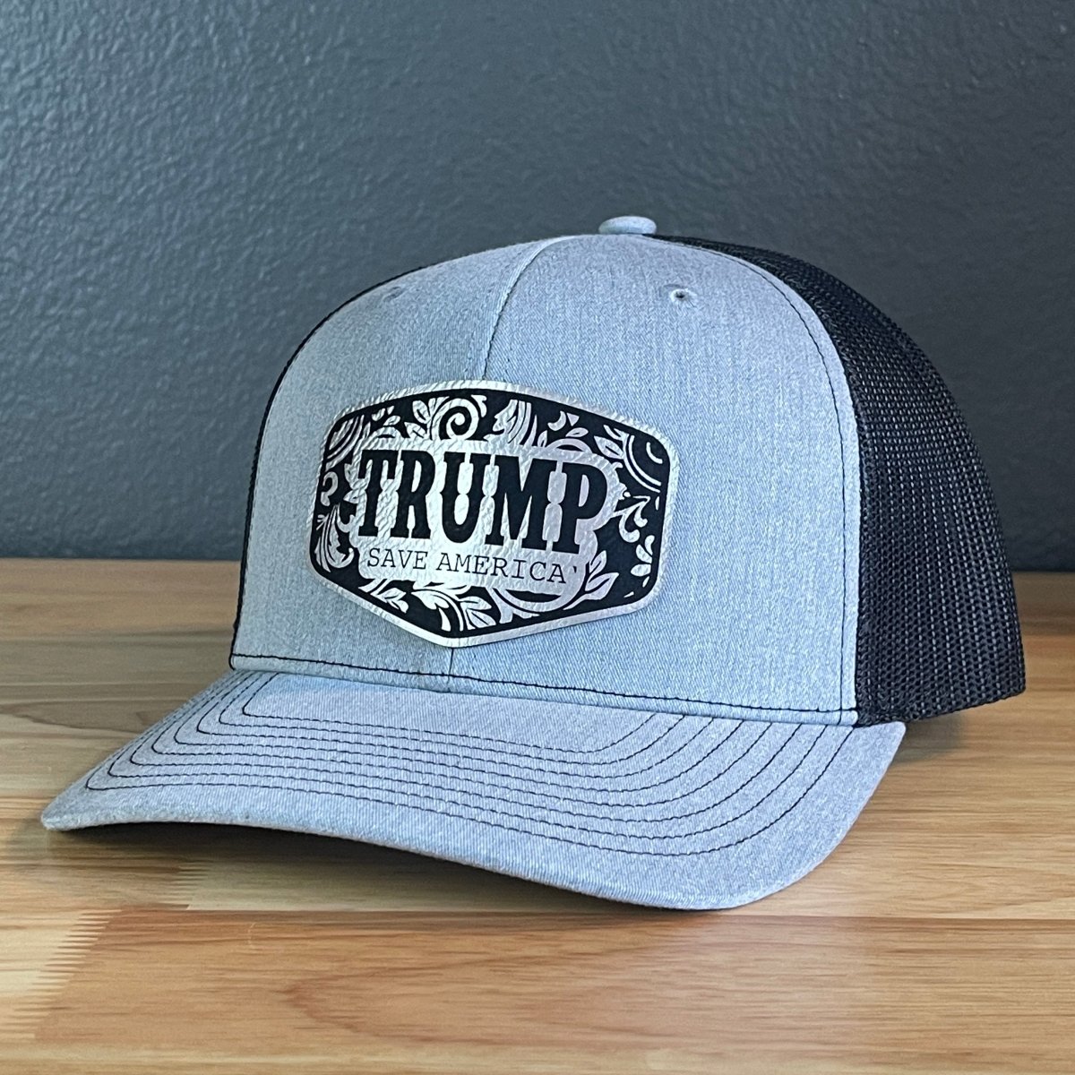 Trump Save America Patriotic SnapBack Trucker Hat Leather Patch Blk/Silver Patch Hat