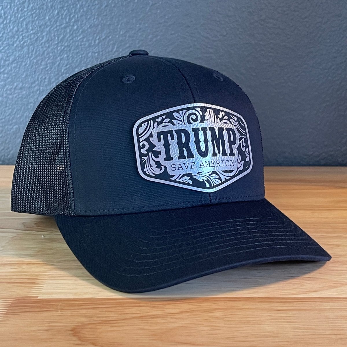 Trump Save America Patriotic SnapBack Trucker Hat Leather Patch Blk/Silver Patch Hat