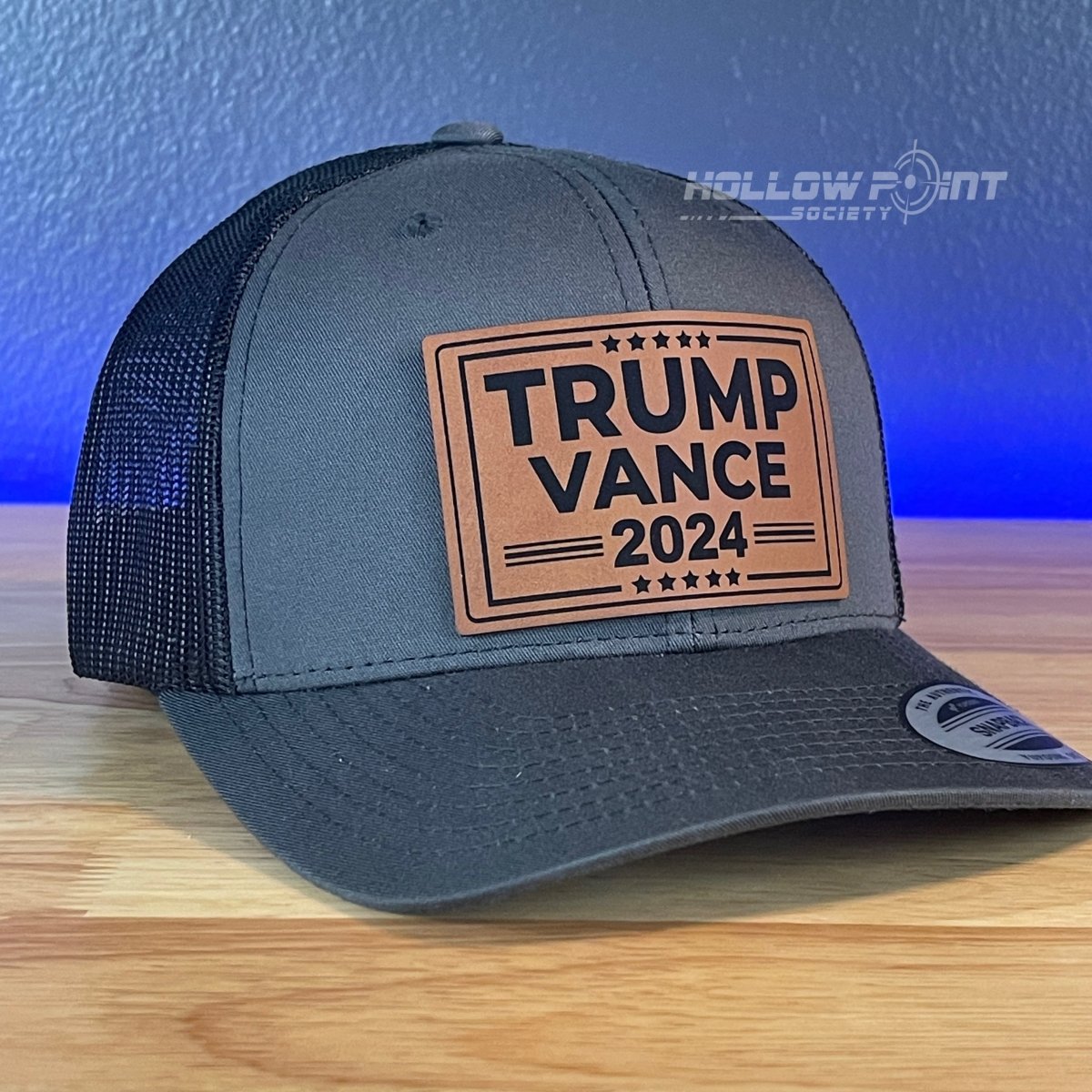 TRUMP VANCE 2024 SnapBack Trucker Rawhide Leather Patch Hat Charcoal Patch Hat