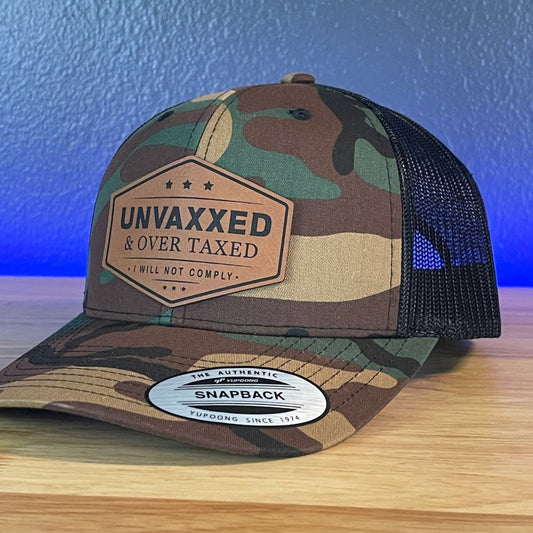 UNVAXXED & OVER TAXED Leather Patch Hat Camo/Black Rawhide Patch Hat