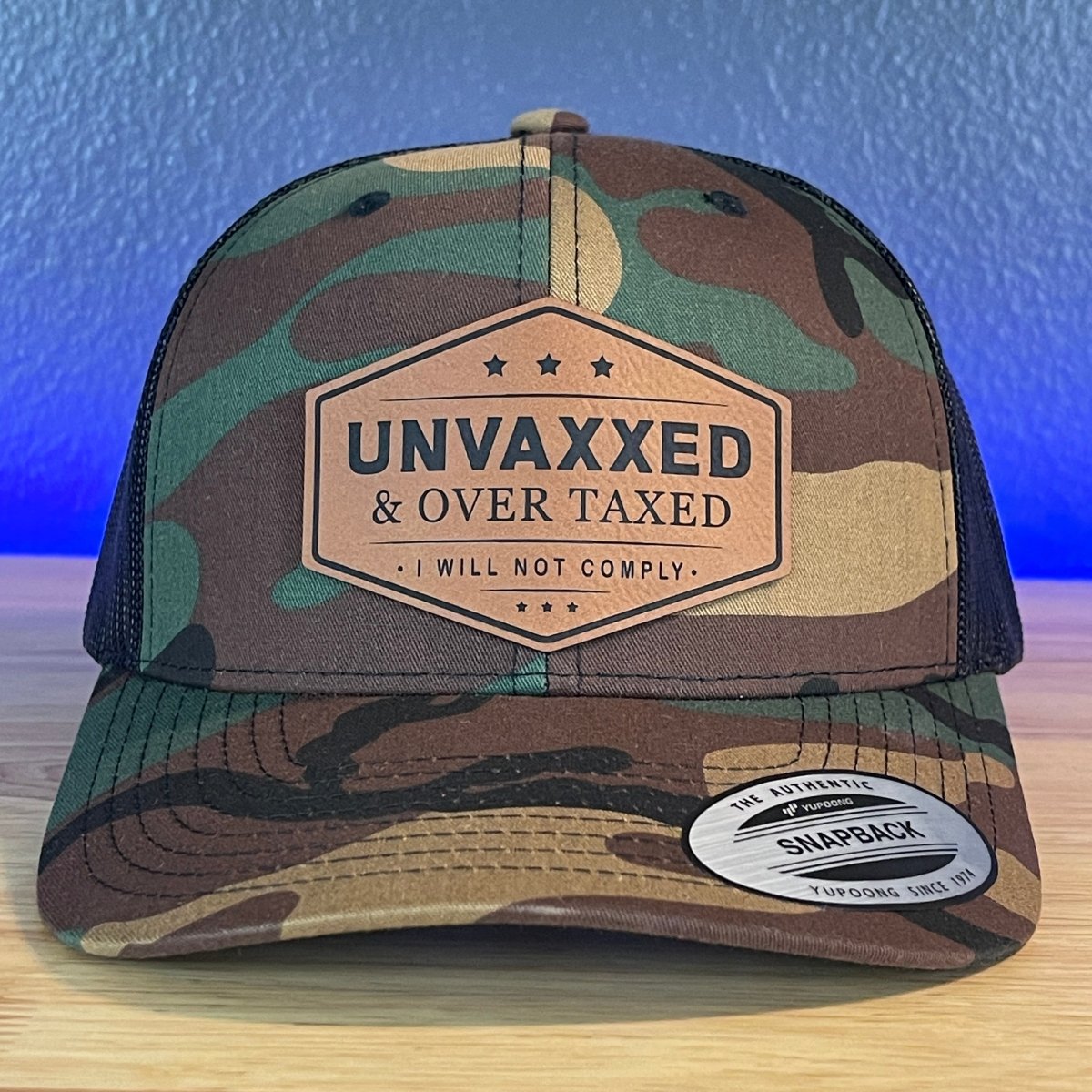 UNVAXXED & OVER TAXED Leather Patch Hat Camo/Black Rawhide Patch Hat