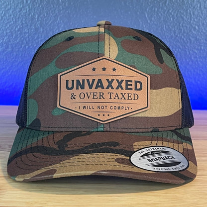 UNVAXXED & OVER TAXED Leather Patch Hat Camo/Black Rawhide Patch Hat