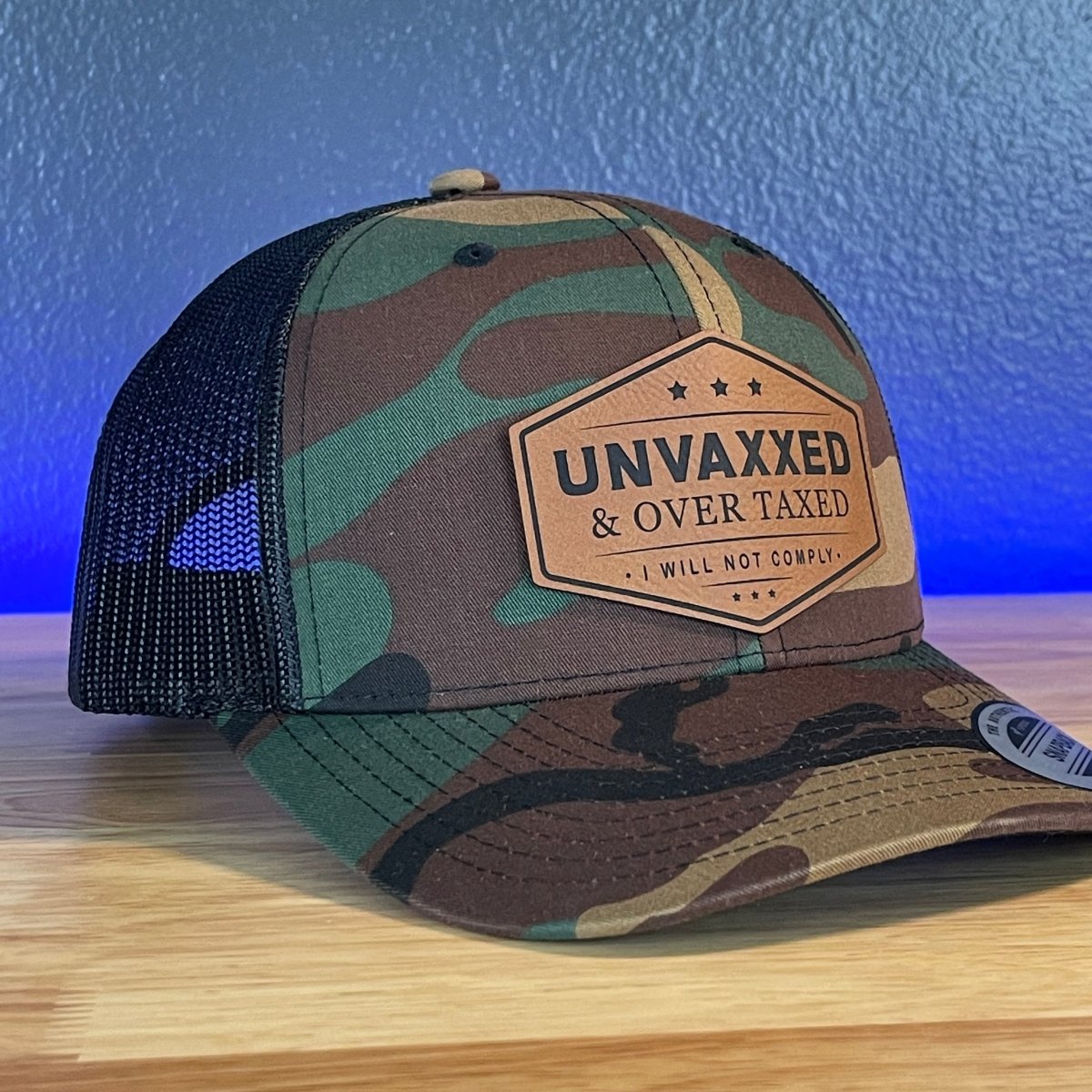 UNVAXXED & OVER TAXED Leather Patch Hat Camo/Black Rawhide Patch Hat
