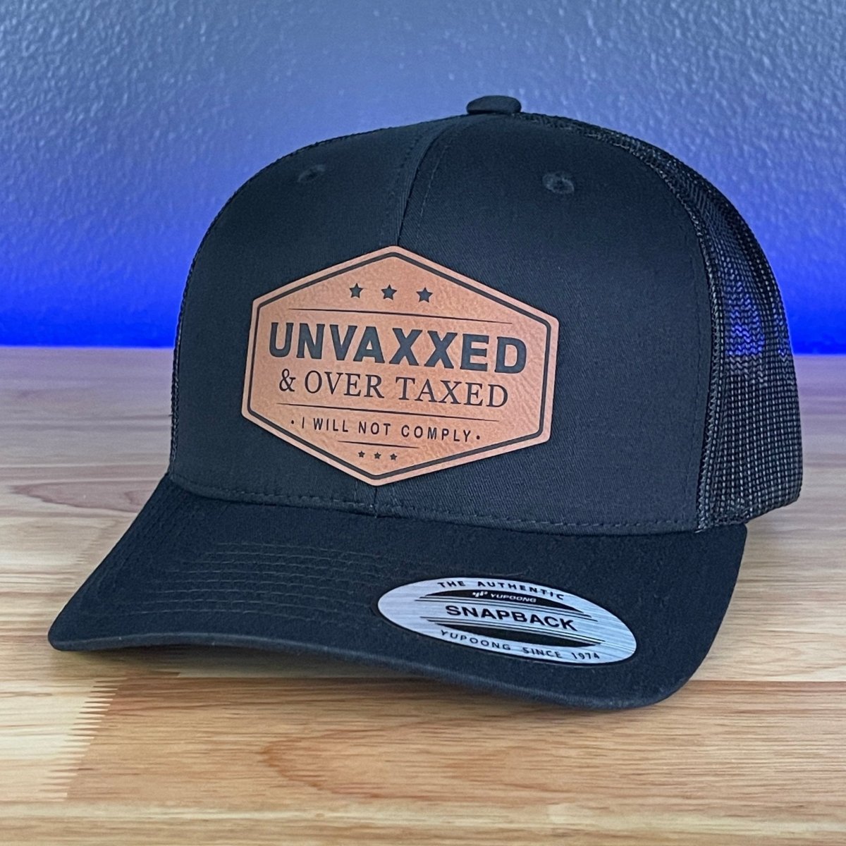 UNVAXXED & OVER TAXED Leather Patch SnapBack Trucker Hat Rawhide Patch Hat