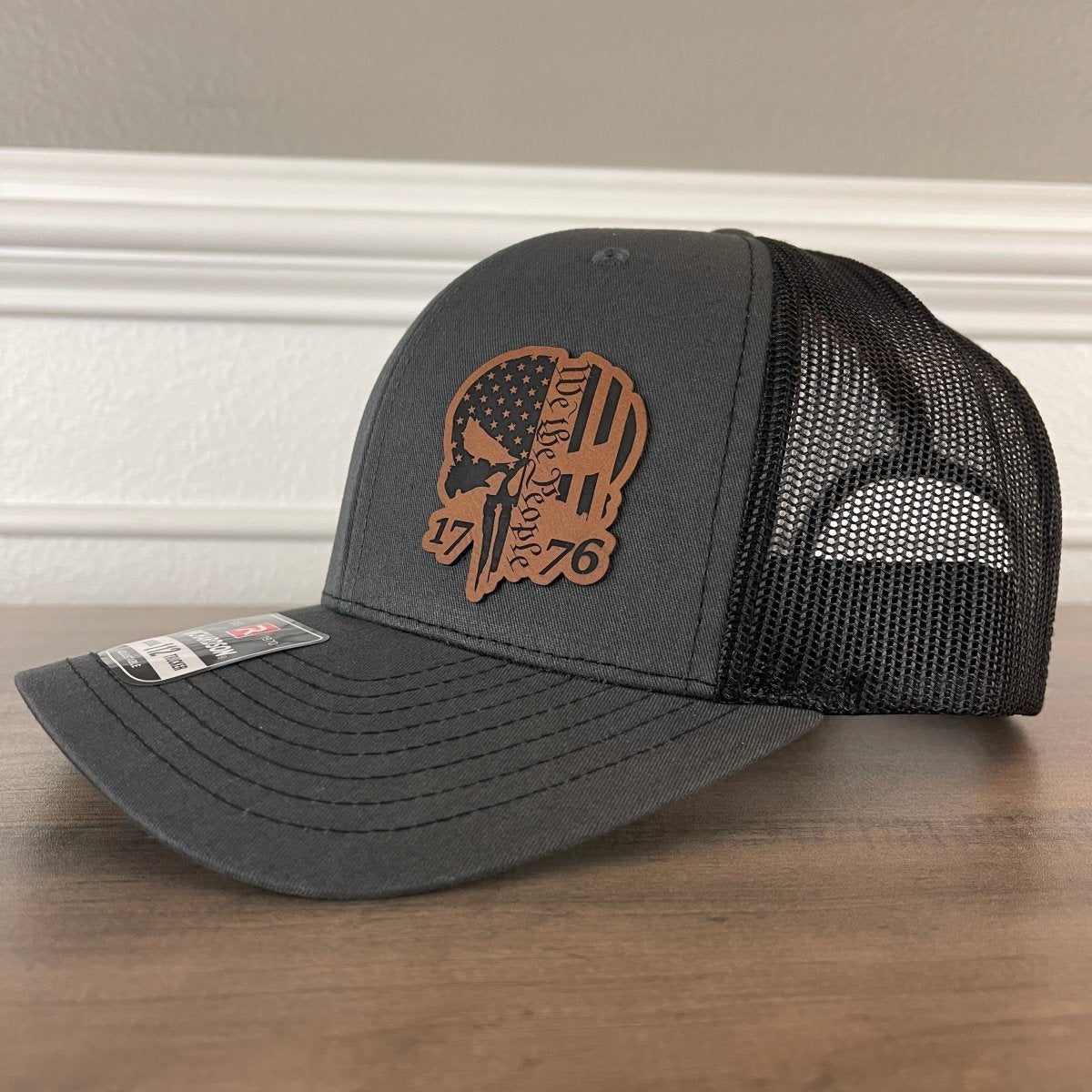 We The People 1776 Punisher Skull Charcoal Leather Patch Hat Patch Hat - VividEditions