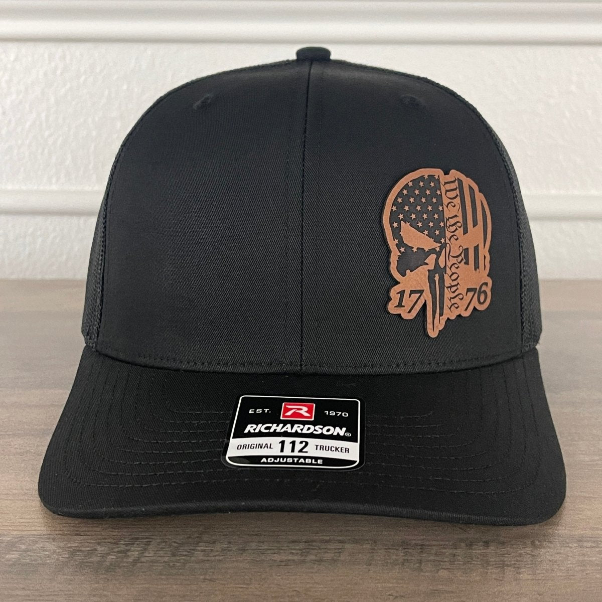 We The People 1776 Punisher Skull Leather Patch Hat Black Patch Hat - VividEditions