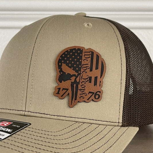 We The People 1776 Punisher Skull Patriotic Side Leather Patch Hat Khaki/Brown Patch Hat - VividEditions