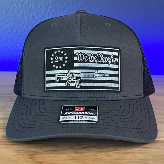 WE THE PEOPLE 2ND AMENDMENT AMERICAN FLAG Patriotic Leather Patch Hat Charcoal/Black Patch Hat - VividEditions