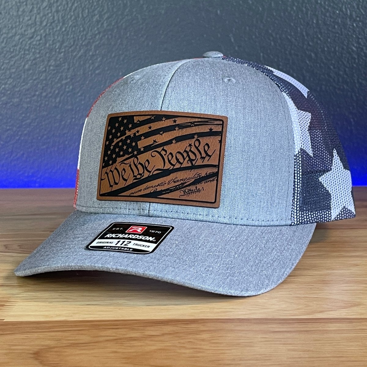 We The People American Flag Constitution Patriotic Leather Patch SnapBack Trucker Hat Stars & Stripes Patch Hat