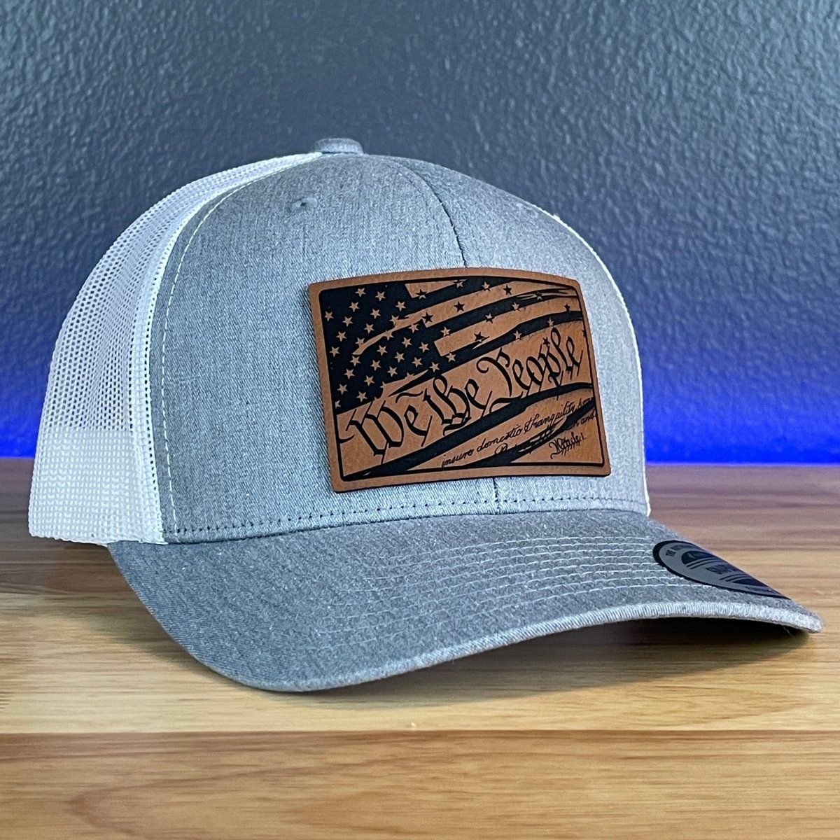 We The People Constitution American Flag Patriotic Leather Patch SnapBack Trucker Hat Heather Grey/White Patch Hat