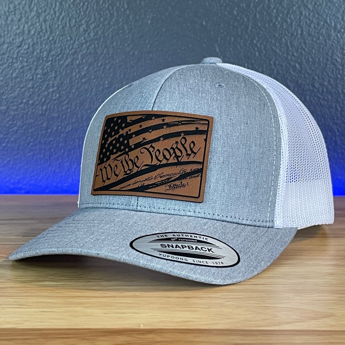 We The People Constitution American Flag Patriotic Leather Patch SnapBack Trucker Hat Heather Grey/White Patch Hat