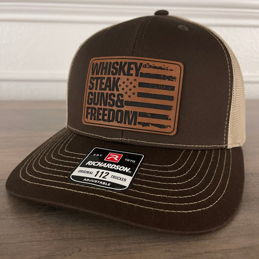 Whiskey, Steak, Guns And Freedom American Flag Leather Patch Hat Brown Patch Hat - VividEditions