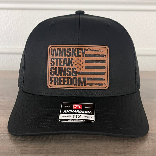 WHISKEY STEAK GUNS & FREEDOM Flag Leather Patch Hat Black Patch Hat - VividEditions