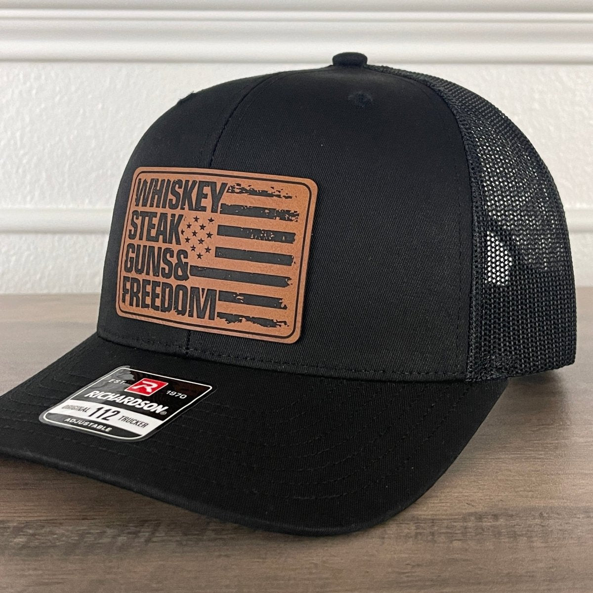 WHISKEY STEAK GUNS & FREEDOM Flag Leather Patch Hat Black Patch Hat - VividEditions