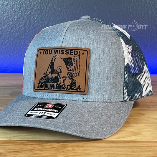 YOU MISSED Trump 2024 Leather Patch SnapBack Trucker Hat Stars & Stripes Patch Hat