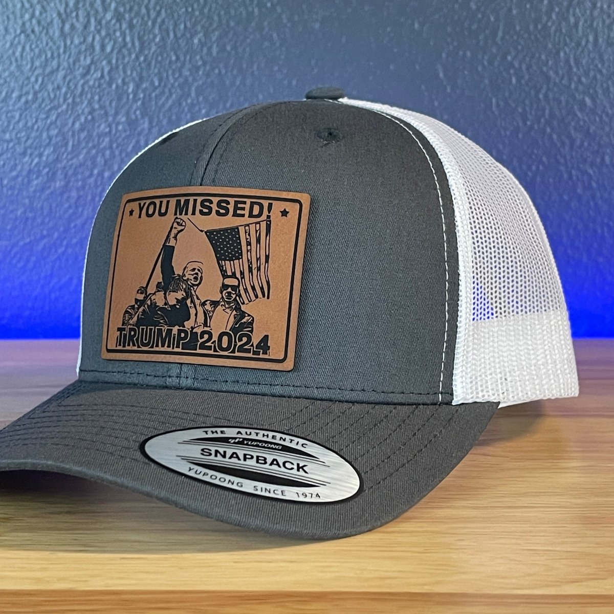 You Missed Trump 2024 SnapBack Trucker Hat Square Rawhide Leather Patch Charcoal/White Patch Hat