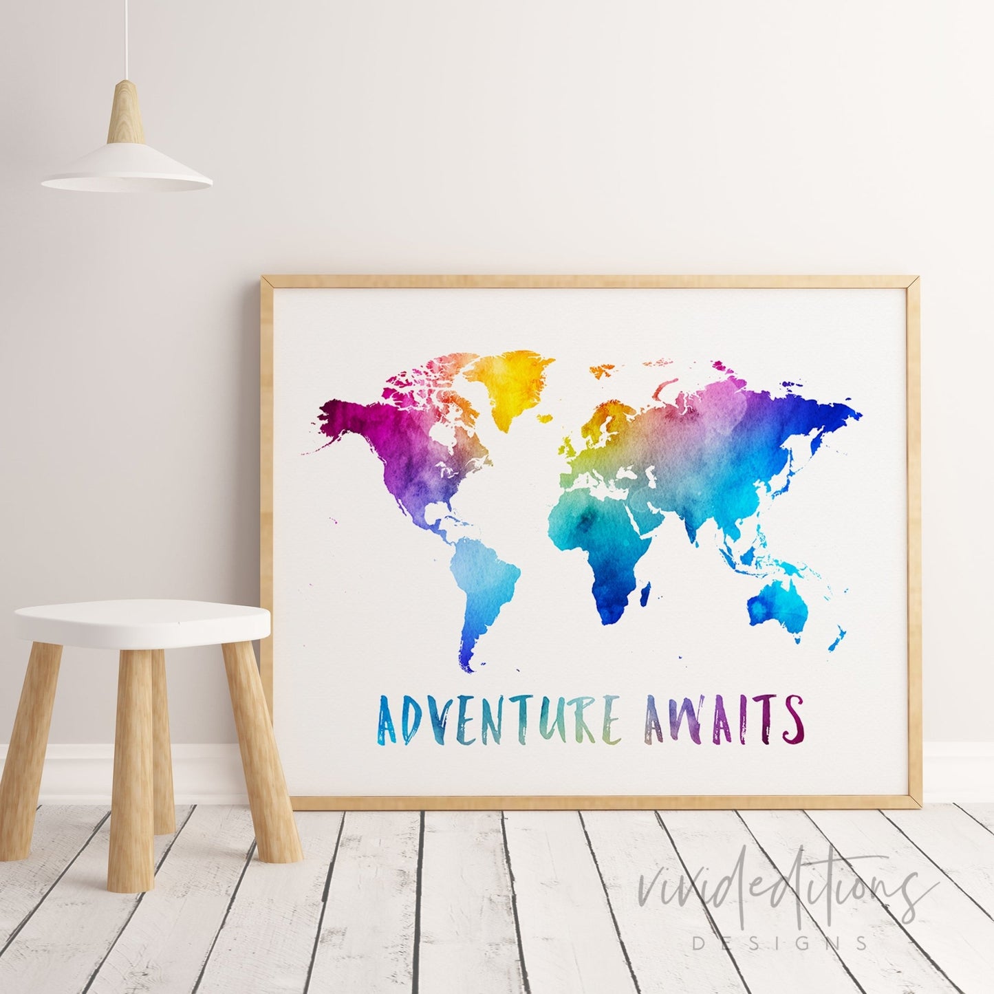 Adventure Awaits, Travel Quote World Map Watercolor Art Print Print - VividEditions