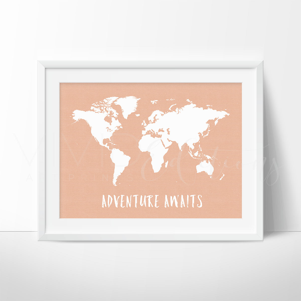 Adventure Awaits World Map, Peach Print - VividEditions