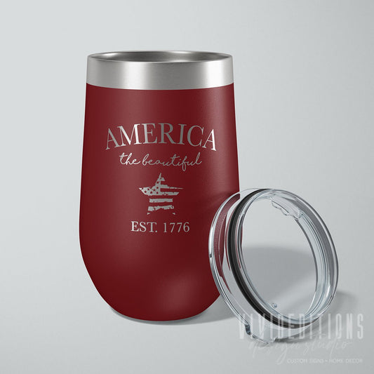 "America The Beautiful" Engraved Travel Wine Tumbler - 16oz (16 color options) Tumblers - VividEditions