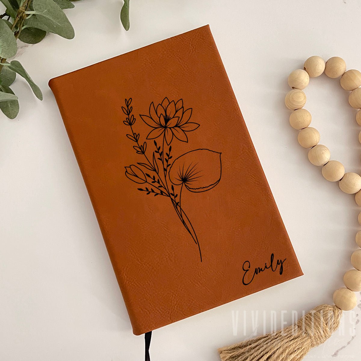 Birth Month Flower Personalized Engraved Leather Journal - VividEditions