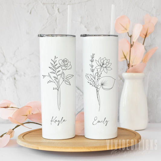 Birth Month Flower Personalized Engraved Skinny Tumbler - 20oz (12 color options) Tumblers - VividEditions