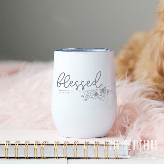 "Blessed" Engraved Travel Wine Tumbler - 12oz (10 colors) Tumblers - VividEditions