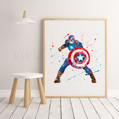 Captain America Watercolor Art Print 2 Print - VividEditions