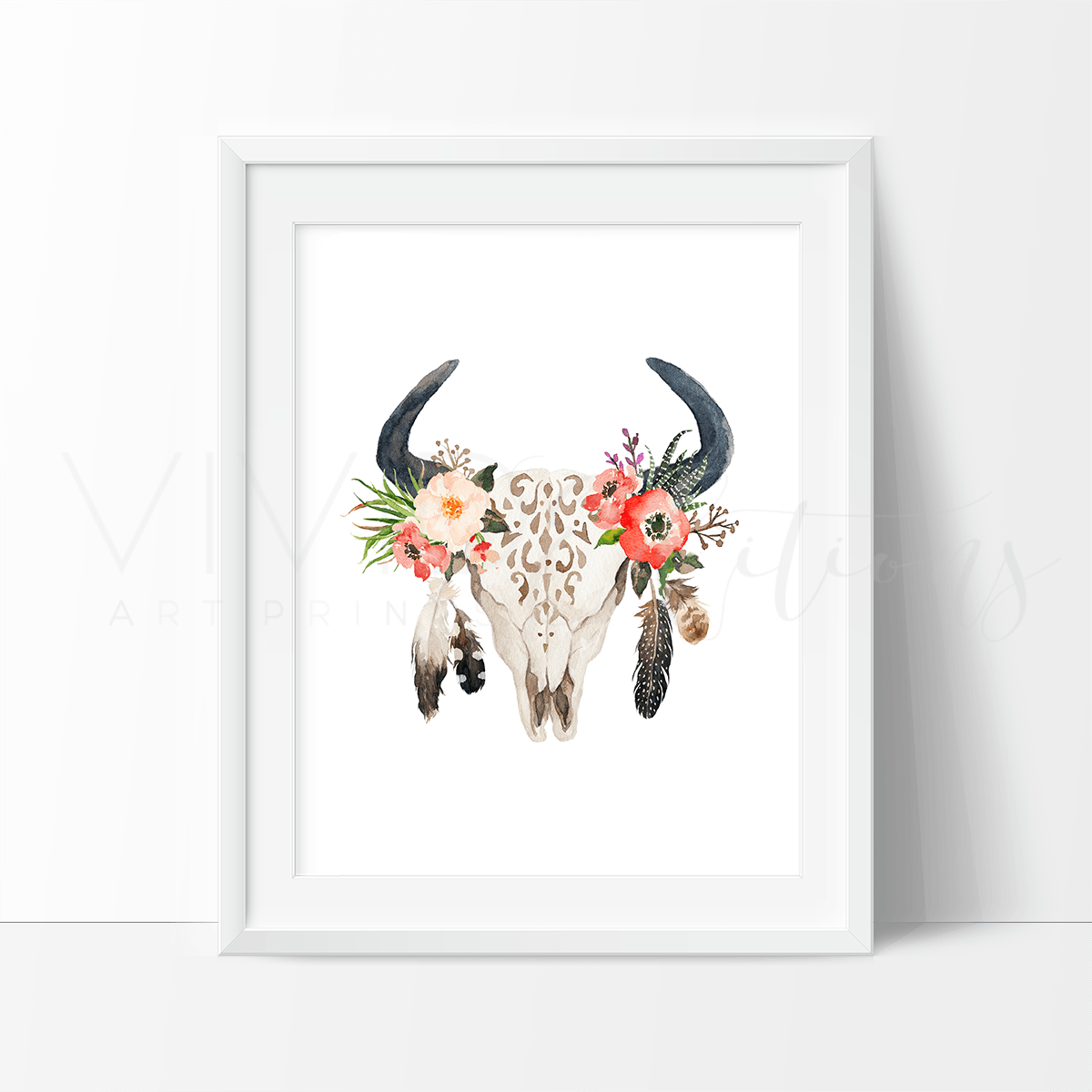 Floral Cow Skull + Feathers, Boho Art Print - VividEditions