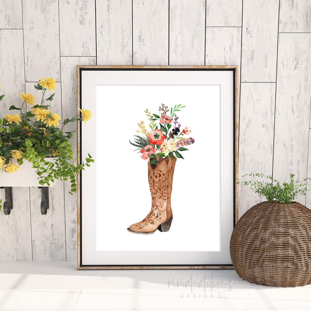 Floral Cowgirl Boot, Boho Art Print - VividEditions